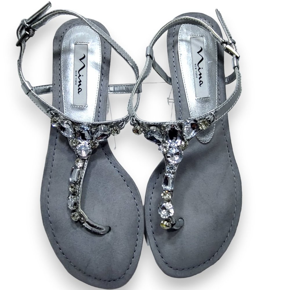 Nina Metallic Silver Crystal Gem Bling Thong Slingback Flat sandel US8 - Picture 2 of 10